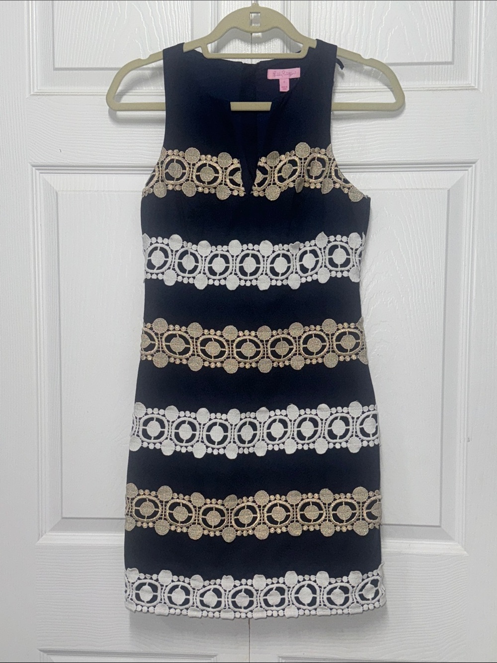 Blue Sleeveless Mini Dress with White and Gold Crochet Stripes